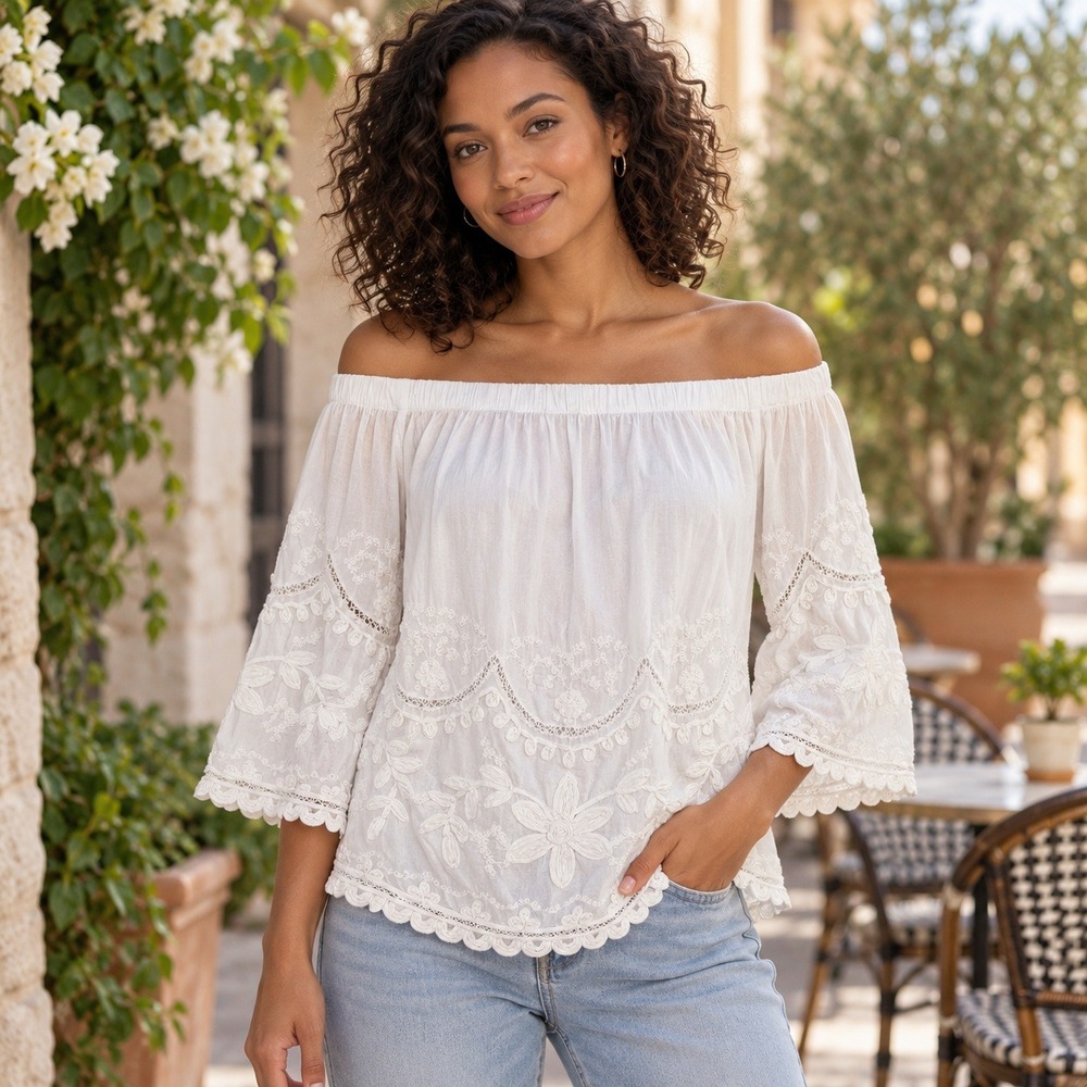 BLANKNYC White Embroidered Off Shoulder Peasant Blouse Size S Cotton